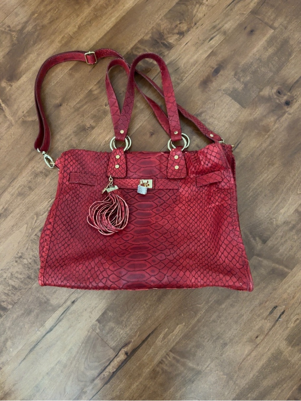 Jenrigo Red Snakeskin Embossed Genuine Leather Satchel Tote Made in Italy